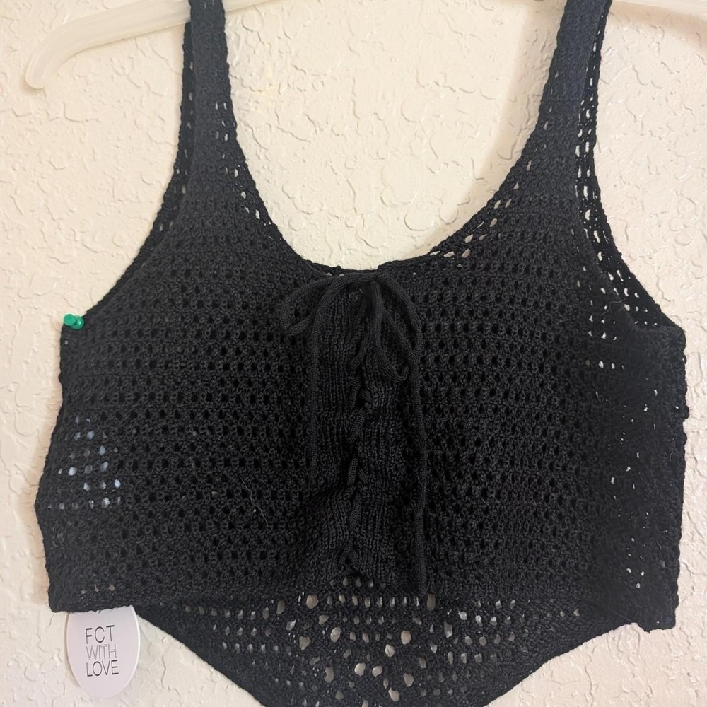 FCT With Love Black Knit Crochet Tank Top Vest Lace Up Front J4L2384S Womens L